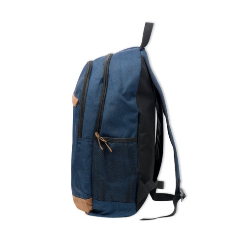 Dunkelblauer Rucksack aus Stoff mit mehreren Fchern.
