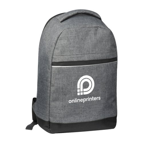 Grauer Laptop-Rucksack mit Reiverschlussfach und Tragegriff.