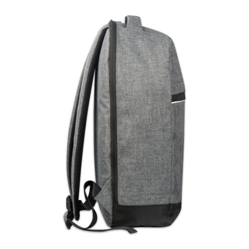 Grauer Laptop-Rucksack aus Stoff mit Reiverschluss.