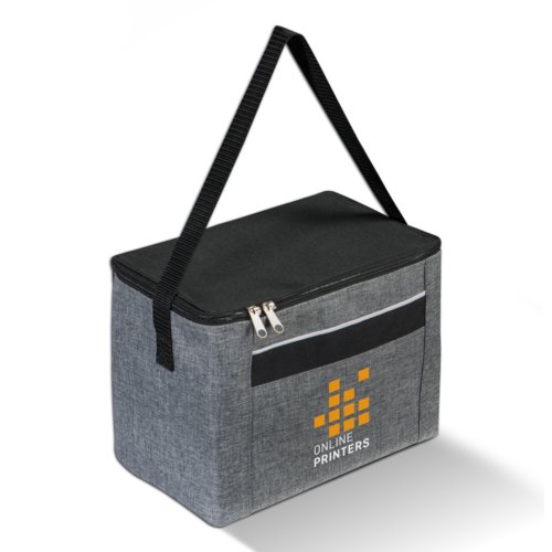 Anthrazitfarbene K�hltasche aus Stoff mit Rei�verschluss und Tragegriff.