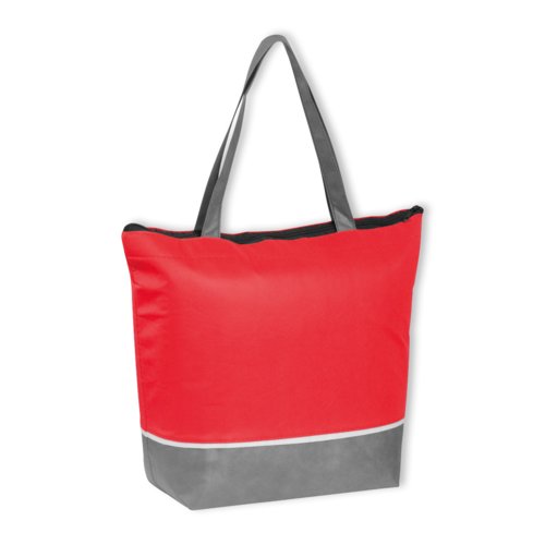 Rote K�hltasche aus Vliesstoff mit Rei�verschluss und Tragegriffen.