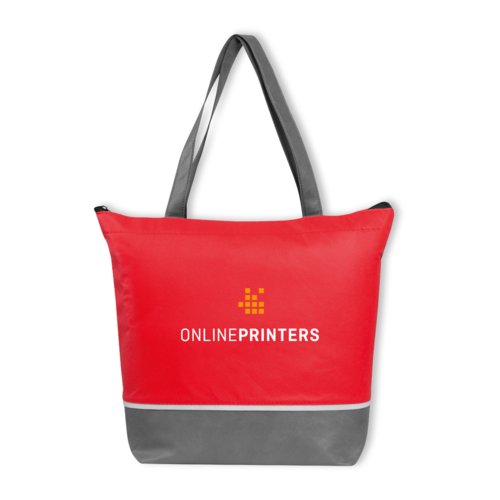 Rote K�hltasche aus Vliesstoff mit Rei�verschluss und Tragegriffen.