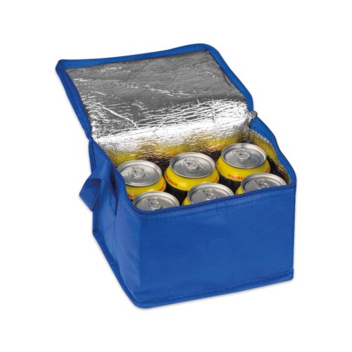 Blaue Khltasche aus Vliesstoff mit Tragegriffen und Reiverschluss.