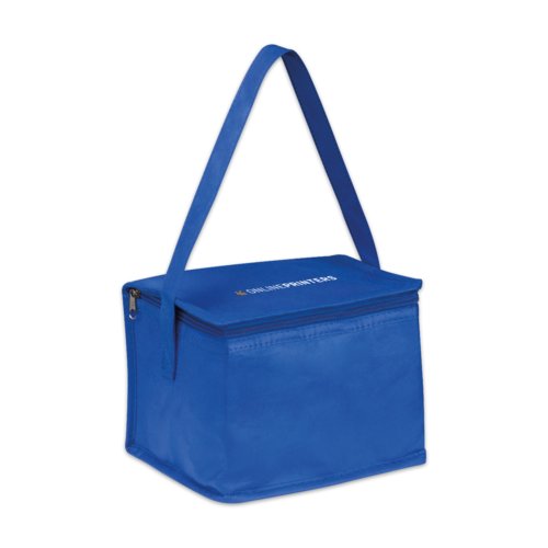 Blaue Khltasche aus Vliesstoff mit Reiverschluss und Tragegriff.