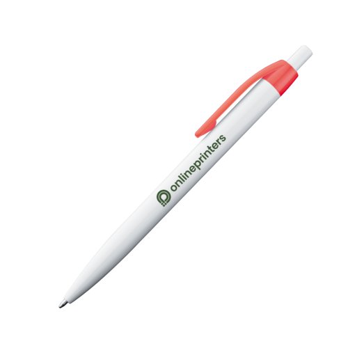 Roter Kunststoff-Kugelschreiber mit Clip und Druckknopf.
