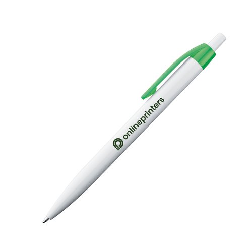 Weier Plastik-Kugelschreiber mit farbigem Clip und Druckmechanismus.