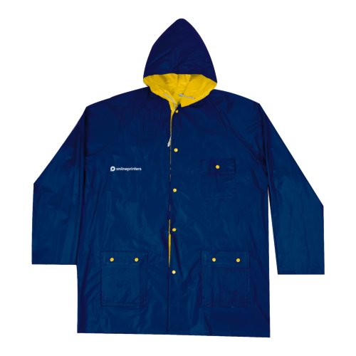 Blau-gelbe, wendbare Regenjacke mit Kapuze und Taschen.
