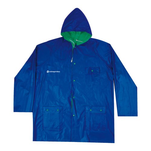 Blau-grne Wende-Regenjacke mit Kapuze und Taschen.