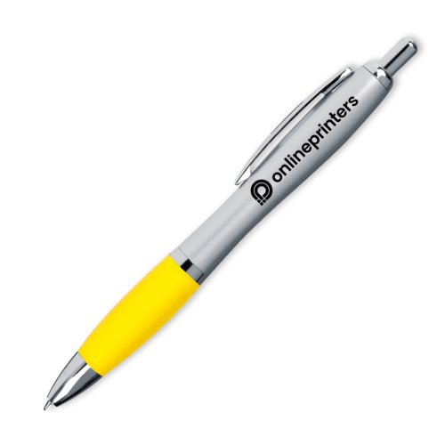 Gelber Kugelschreiber mit Clip und Druckmechanismus.