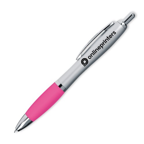 Pinkfarbener Kugelschreiber mit Clip und Druckmechanismus.