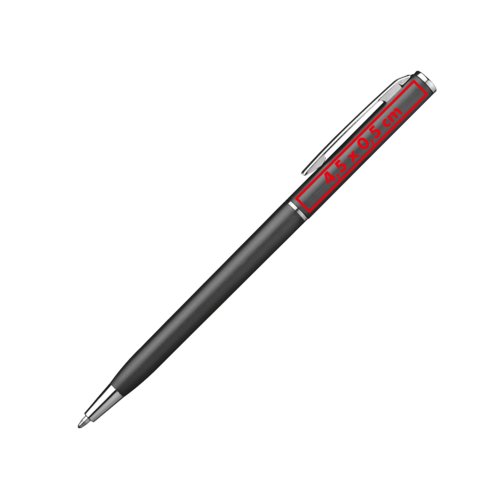 Dunkler Kugelschreiber aus Metall mit Clip und Druckknopf.