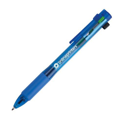 Blauer 4-in-1-Kugelschreiber mit Clip und verschiedenen Minen.