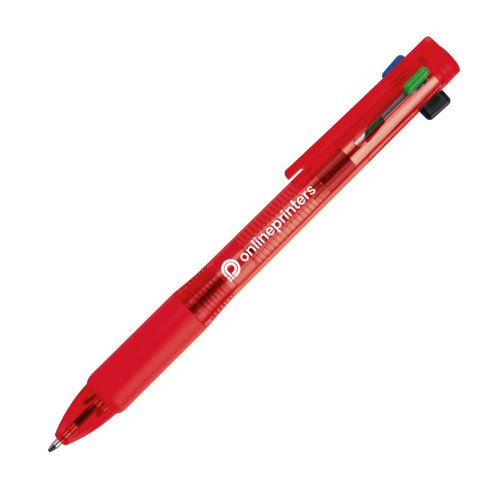 Roter 4-in-1-Kugelschreiber aus Kunststoff mit Clip und Druckmechanismus.