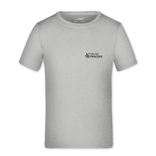 Grau meliertes Kinder-T-Shirt aus Polyester mit kurzen rmeln.