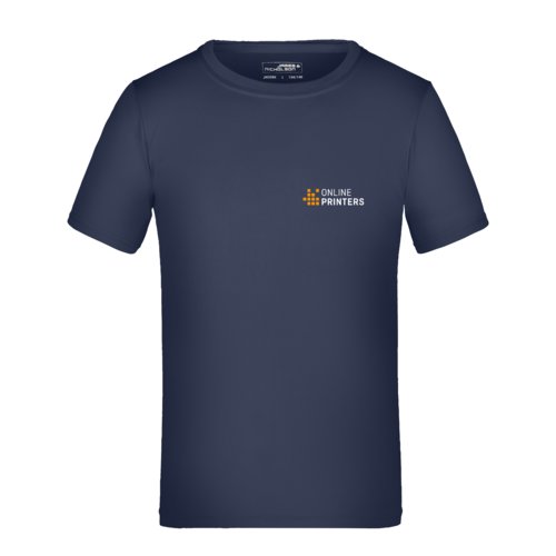 Schwarzblaues Polyester T-Shirt fr Kinder mit kurzen rmeln.