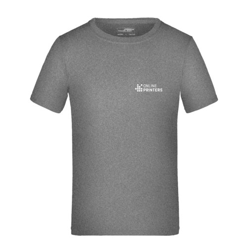 Dunkelgrau meliertes Polyester T-Shirt fr Kinder mit kurzen rmeln.
