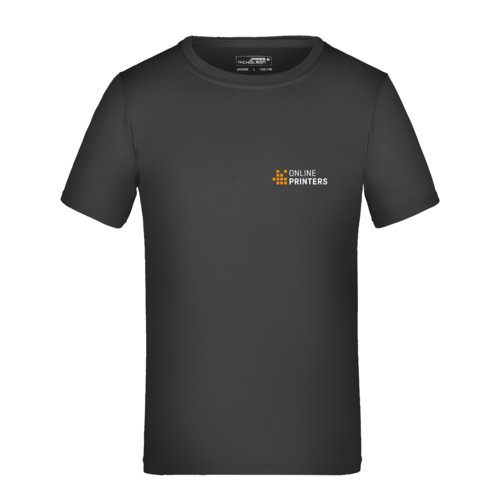 Schwarzes Polyester T-Shirt fr Kinder mit kurzen rmeln.