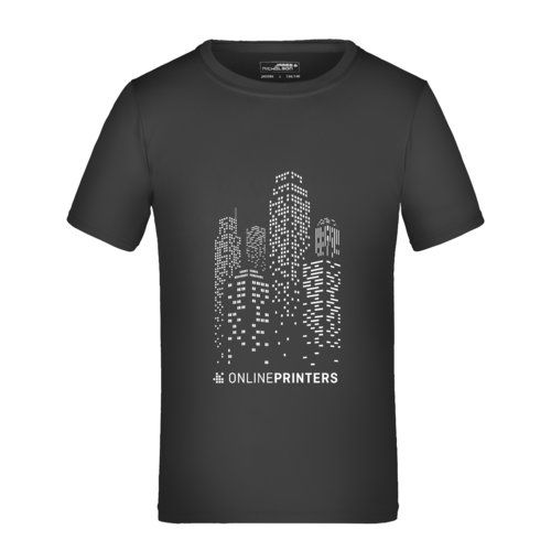 Schwarzes Kinder-T-Shirt aus Polyester mit kurzen rmeln.