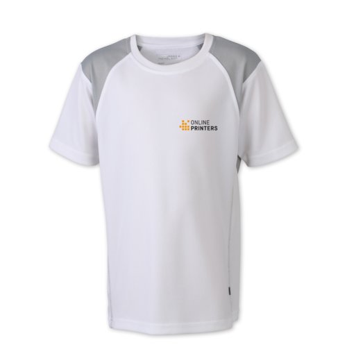 Weies und silbernes Laufshirt aus Polyester fr Kinder.
