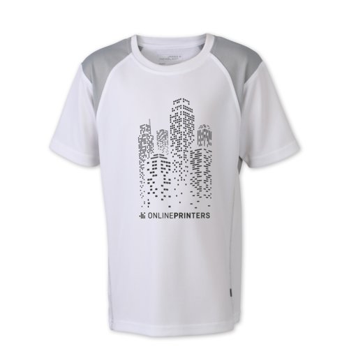 Weies Kinder-Laufshirt aus Polyester mit kurzen rmeln.