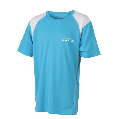 Hellblaues Laufshirt aus Polyester fr Kinder mit kurzen rmeln.