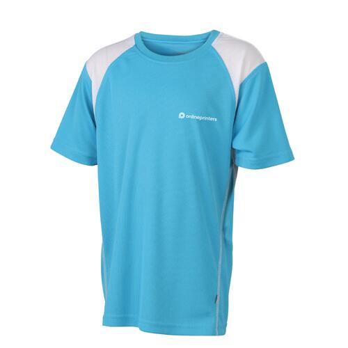 Hellblaues Laufshirt aus Polyester f�r Kinder mit kurzen �rmeln.