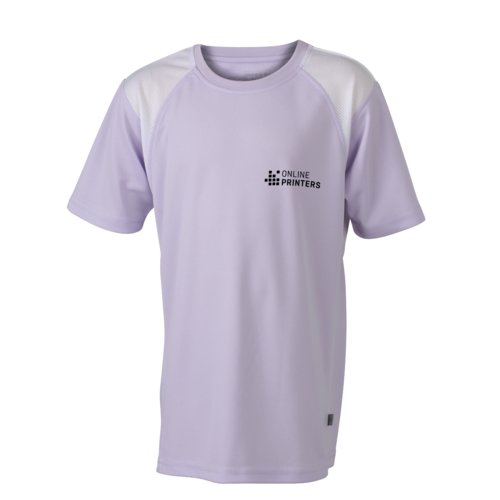 Lila Polyester-Laufshirt fr Kinder mit kurzen rmeln.