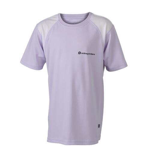 Lila Polyester-Laufshirt f�r Kinder mit kurzen �rmeln.