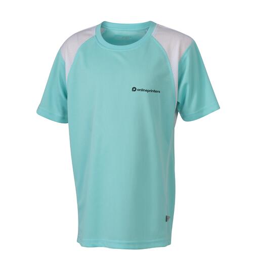 Mintgr�nes Kinder-Laufshirt aus Polyester mit kurzen �rmeln.