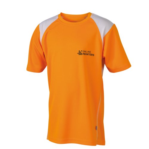 Orangefarbenes Kinder-Laufshirt aus Polyester mit kurzen rmeln.