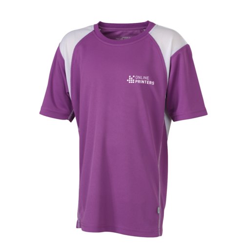 Violettes Kinder-Laufshirt aus Polyester mit kurzen rmeln.