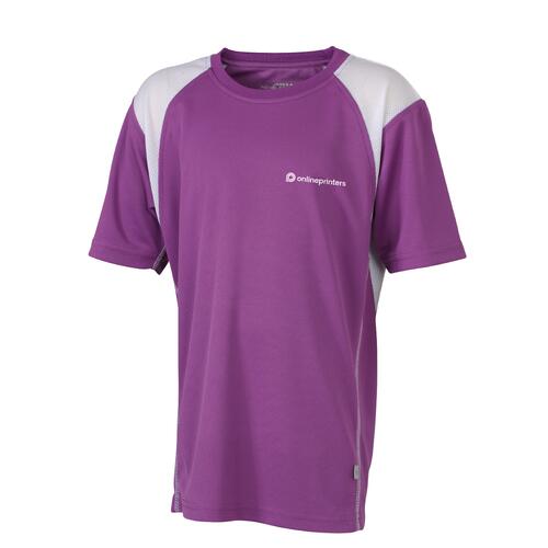 Violettes Kinder-Laufshirt aus Polyester mit kurzen �rmeln.