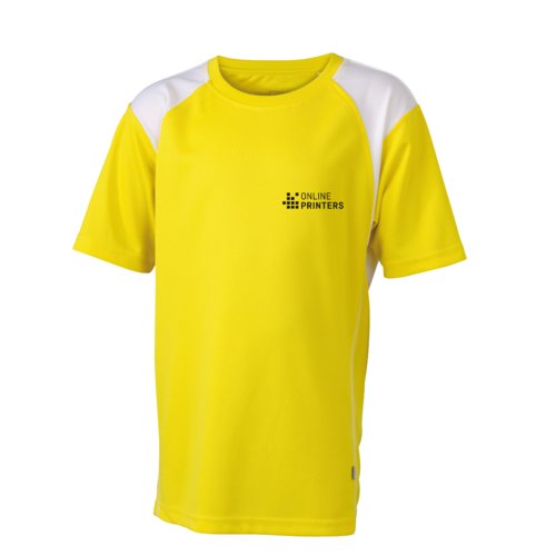 Gelb/weies Kinder-Laufshirt aus Polyester mit kurzen rmeln.