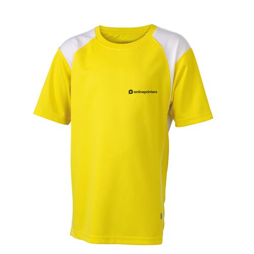 Gelb/wei�es Kinder-Laufshirt aus Polyester mit kurzen �rmeln.