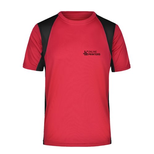 Rotes Funktionsshirt aus Polyester mit kurzen rmeln.