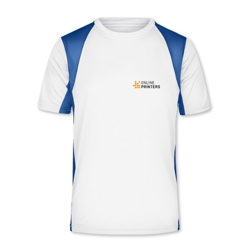 Weies/blaues Funktionsshirt aus Polyester mit kurzen rmeln.