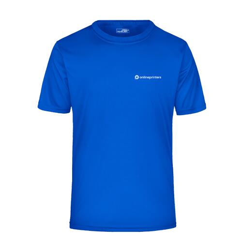 K�nigsblaues Polyester T-Shirt mit kurzen �rmeln.