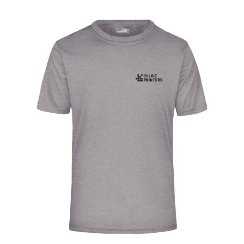 Grau meliertes Polyester T-Shirt mit kurzen rmeln.