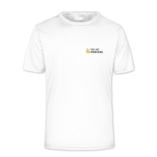 Weies Polyester T-Shirt fr Herren mit kurzen rmeln.