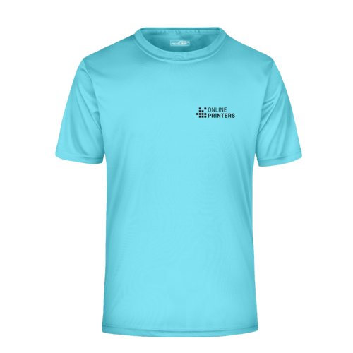 Trkisfarbenes Polyester T-Shirt fr Herren mit kurzen rmeln.