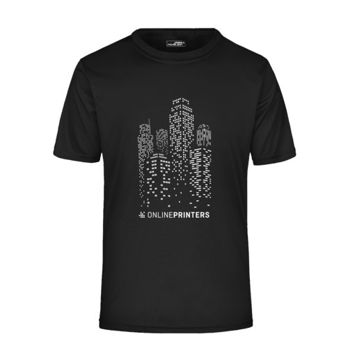 Schwarzes Polyester T-Shirt mit kurzen rmeln.