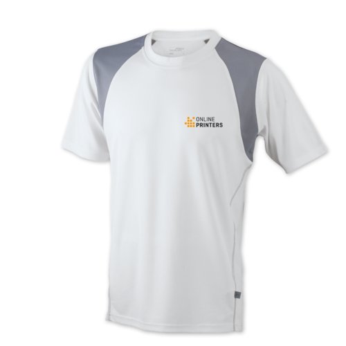 Weies Polyester-Laufshirt fr Herren mit kurzen rmeln.