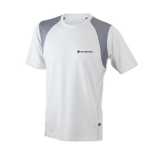 Wei�es Polyester-Laufshirt f�r Herren mit kurzen �rmeln.