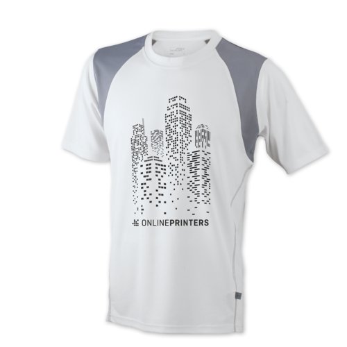 Weies Polyester Laufshirt fr Herren mit kurzen rmeln.