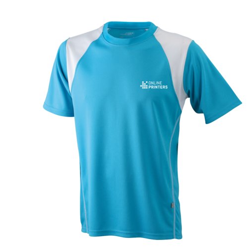 Hellblaues und weies Polyester-Laufshirt fr Herren mit kurzen rmeln.