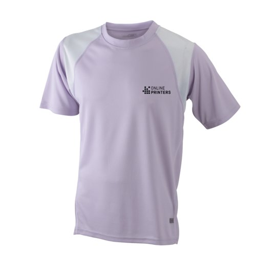 Lila/Weies Polyester-Laufshirt fr Herren mit kurzen rmeln.