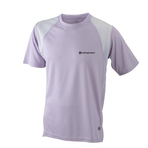 Lila/Wei�es Polyester-Laufshirt f�r Herren mit kurzen �rmeln.