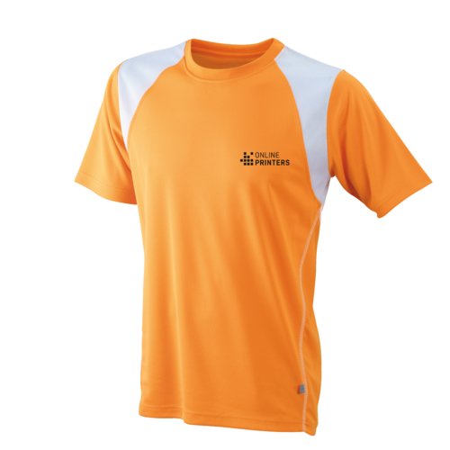 Orangefarbenes Laufshirt aus Polyester fr Herren mit kurzen rmeln.