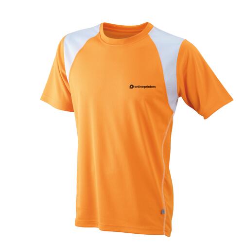 Orangefarbenes Laufshirt aus Polyester f�r Herren mit kurzen �rmeln.