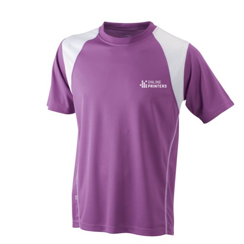 Violettes und weies Polyester-Laufshirt fr Herren mit kurzen rmeln.